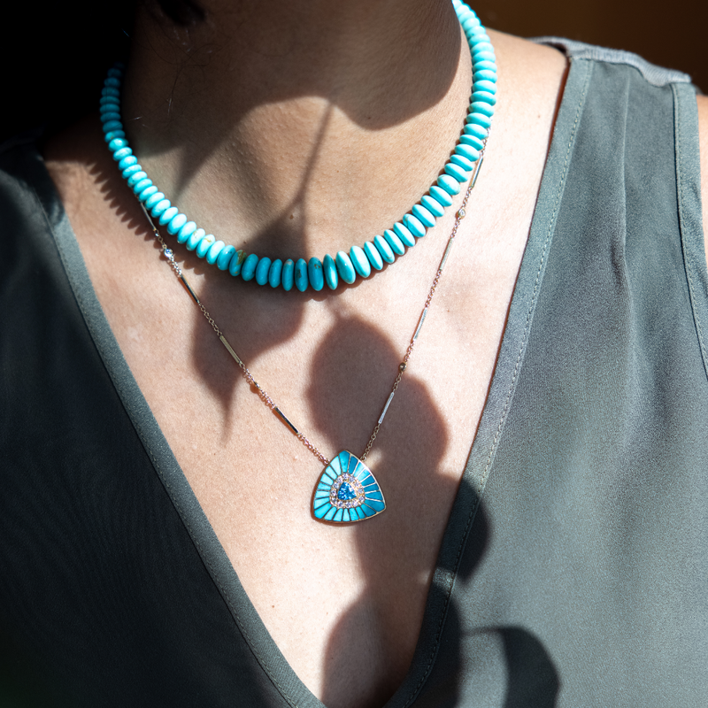 Jacquie Aiche YG Small Vortex Turquoise Inlay and Aquamarine Center Necklace with Diamonds (Demi-Fine 14k)
