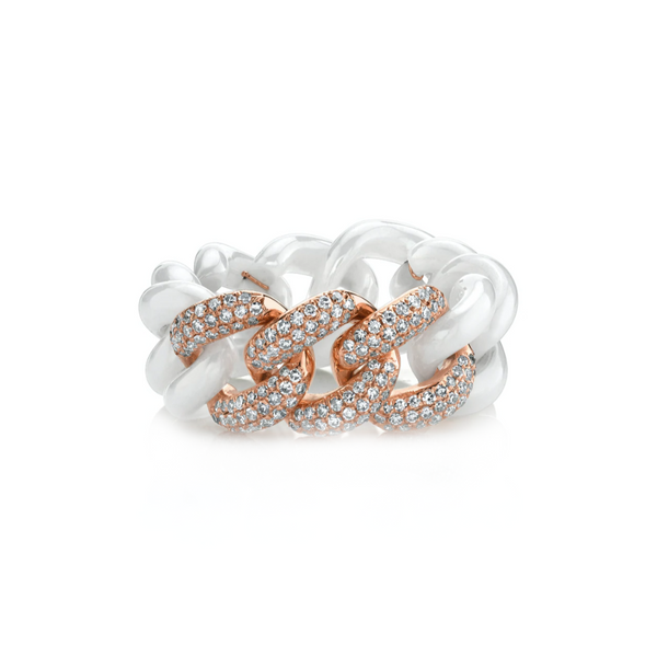 Shay Triple Diamond Pave and White Ceramic Medium Link Ring 8MM 0.88ct 18k