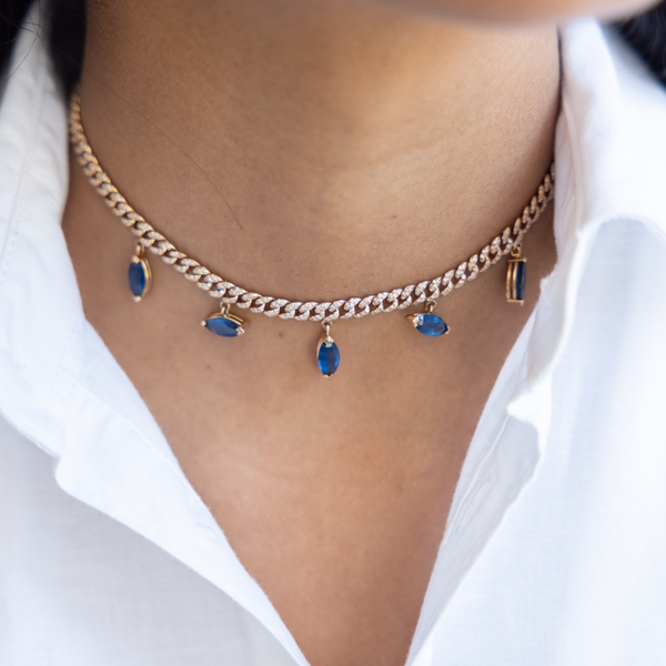 Shay Blue Sapphire Marquise Drop Mini Pave Link Necklace