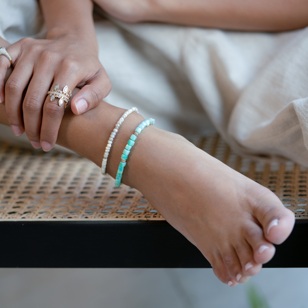 Jacquie Aiche YG 4 Pave Bead and Square Amazonite Beaded Anklet (Demi-fine 14k)