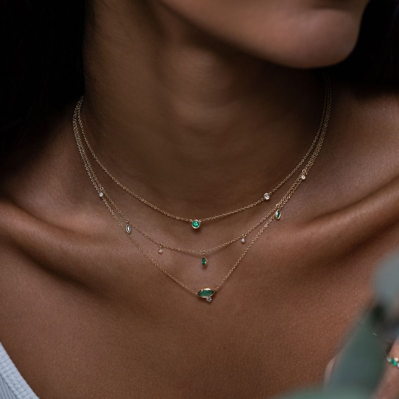 Zoe Chicco YG Marquise Emerald and Round Diamond Necklace 0.05ct (Demi-fine 14k)