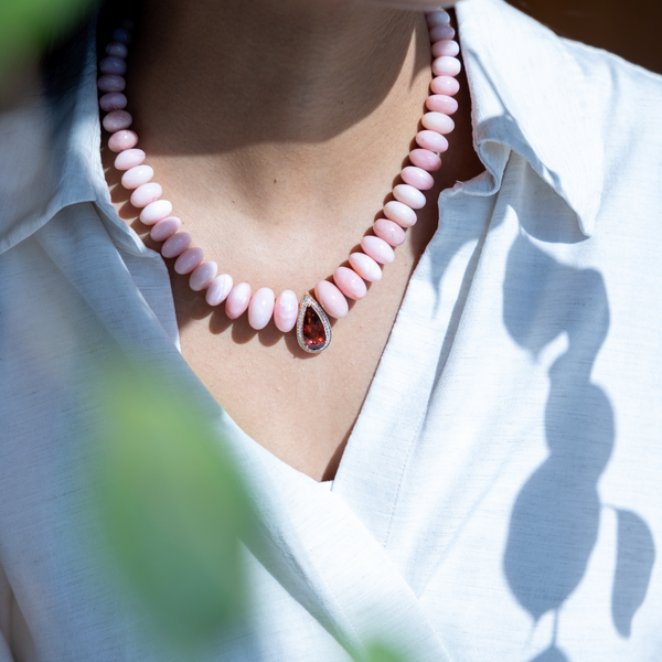 Jacquie Aiche YG Pink Tourmaline Teardrop Pave Center on Smooth Pink Opal Beaded Necklace (Demi-Fine 14k)
