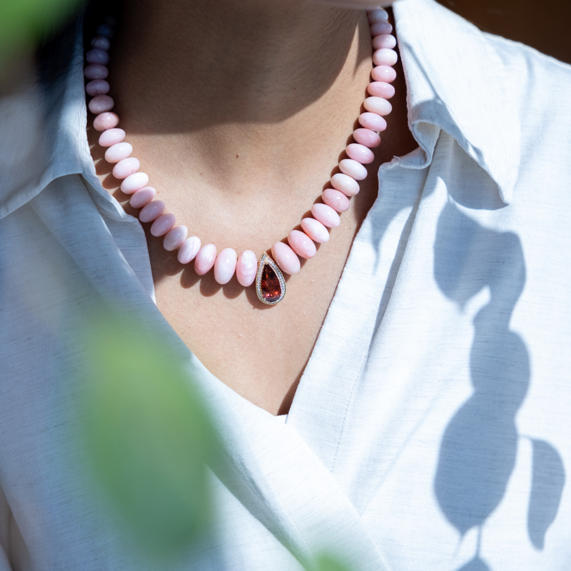 Jacquie Aiche YG Pink Tourmaline Teardrop Pave Center on Smooth Pink Opal Beaded Necklace (Demi-Fine 14k)