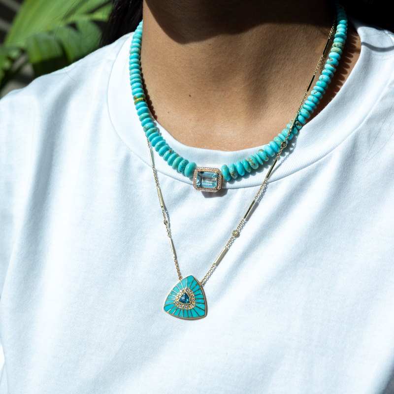 Jacquie Aiche YG Small Vortex Turquoise Inlay and Aquamarine Center Necklace with Diamonds (Demi-Fine 14k)