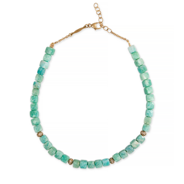 Jacquie Aiche YG 4 Pave Bead and Square Amazonite Beaded Anklet (Demi-fine 14k)