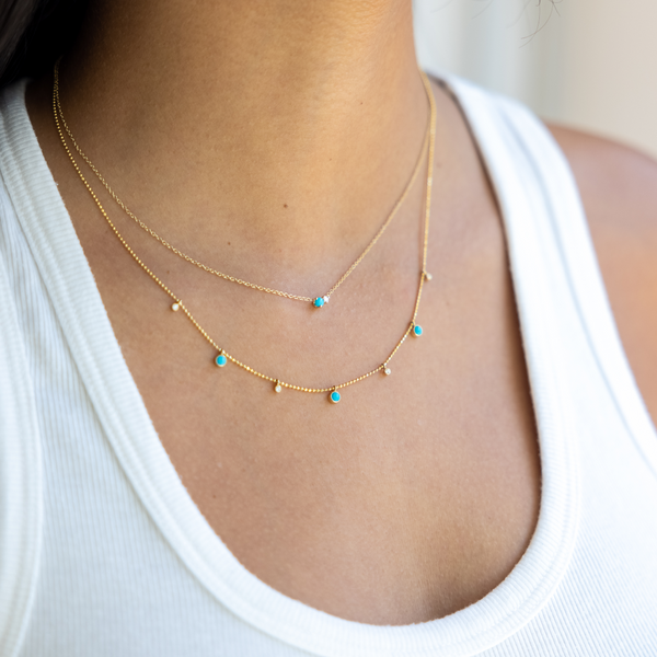 Zoe Chicco YG Turquoise & Diamond Prong Set Necklace 0.03ct (Demi-fine 14k)