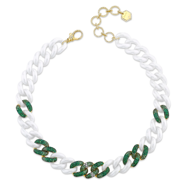 Shay YG 9 Green Ombre Pave and White Ceramic Jumbo Link Necklace 15MM / 2.96ct emeralds and green garnet, 1.07ct diamonds 18k