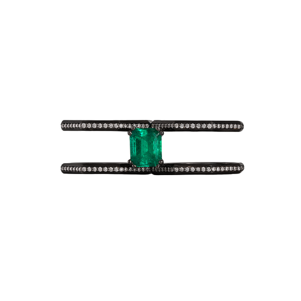 Ascher BLK WG Diamond Pave Supernova 5 Ring with Emerald Cut Emerald - Vertical 2.57cts / White Diamonds 0.60cts 18k