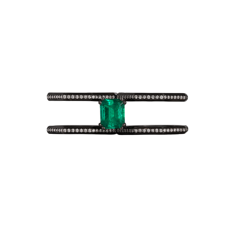 Ascher BLK WG Diamond Pave Supernova 5 Ring with Emerald Cut Emerald - Vertical 2.57cts / White Diamonds 0.60cts 18k