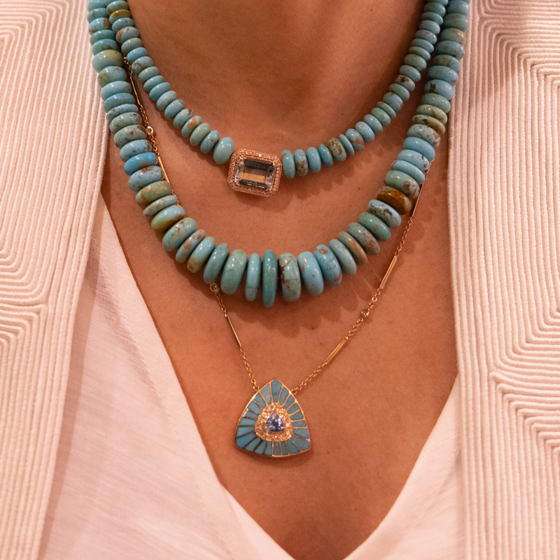 Jacquie Aiche YG Small Vortex Turquoise Inlay and Aquamarine Center Necklace with Diamonds (Demi-Fine 14k)