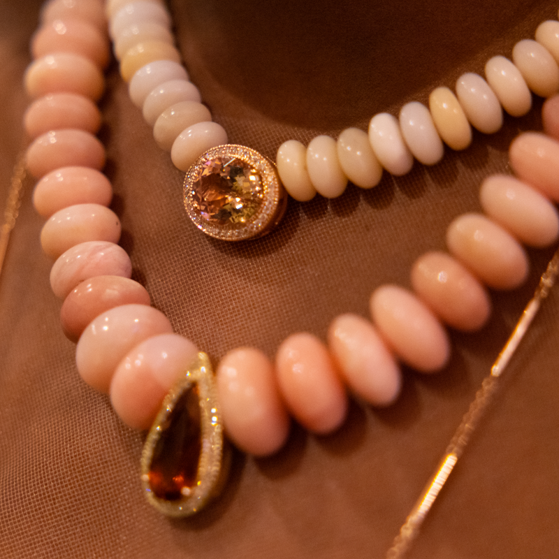 Jacquie Aiche YG Pink Tourmaline Teardrop Pave Center on Smooth Pink Opal Beaded Necklace (Demi-Fine 14k)