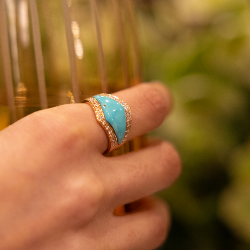 Jacquie Aiche RG Turquoise Inlay Center V Ring with Double Row Pave Diamonds (Demi-Fine 14k)