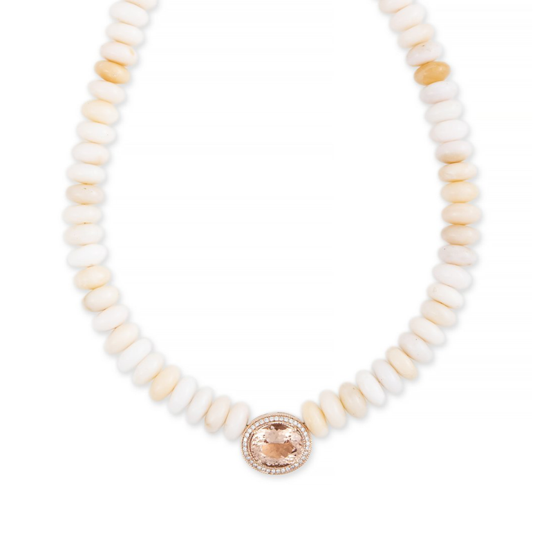 Jacquie Aiche RG Morganite Oval Pave Center on Light Pink Opal Beaded Necklace (Demi-Fine 14k)