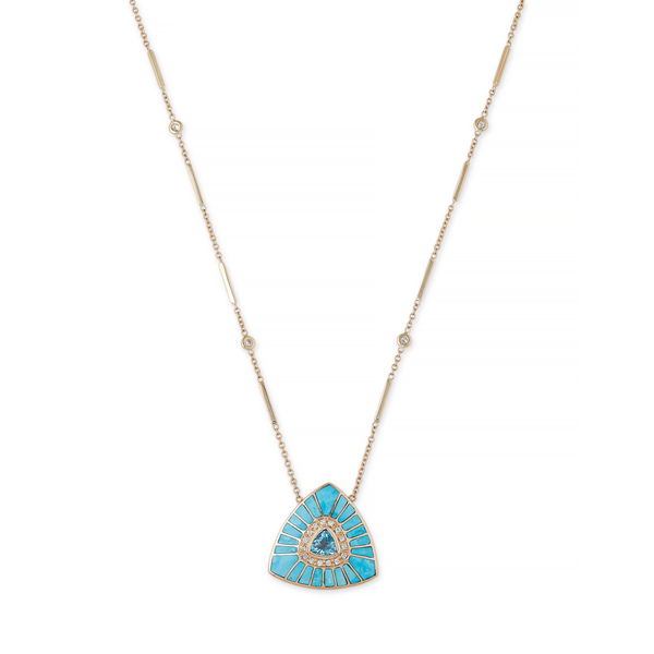Jacquie Aiche YG Small Vortex Turquoise Inlay and Aquamarine Center Necklace with Diamonds (Demi-Fine 14k)