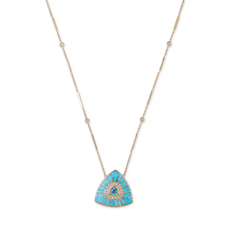Jacquie Aiche YG Small Vortex Turquoise Inlay and Aquamarine Center Necklace with Diamonds (Demi-Fine 14k)