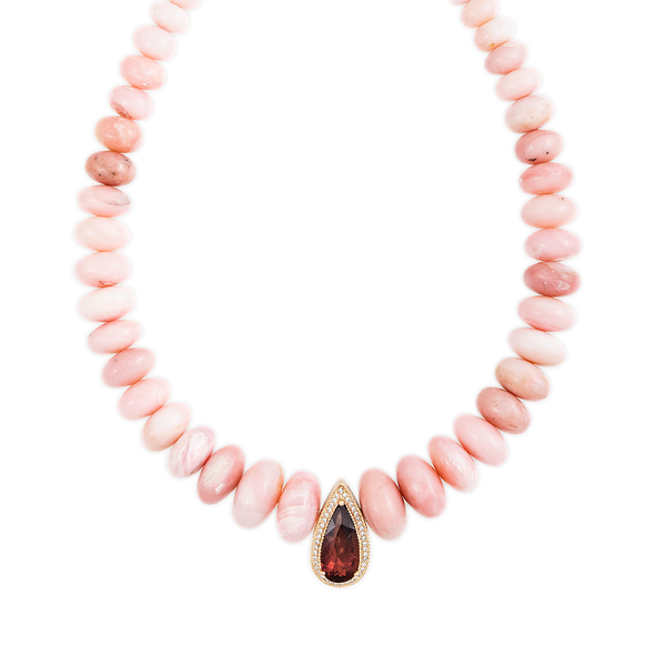 Jacquie Aiche YG Pink Tourmaline Teardrop Pave Center on Smooth Pink Opal Beaded Necklace (Demi-Fine 14k)