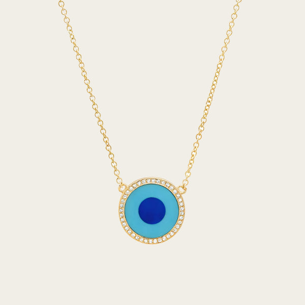 Jennifer Meyer Mini Turquoise & Lapis Center Diamond Surround Evil Eye Necklace
