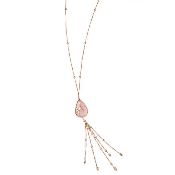 Jacquie Aiche RG Caged Rose Quartz with Smooth Bar and Diamond Drop Necklace (Demi-Fine 14k)