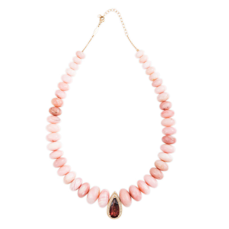 Jacquie Aiche YG Pink Tourmaline Teardrop Pave Center on Smooth Pink Opal Beaded Necklace (Demi-Fine 14k)