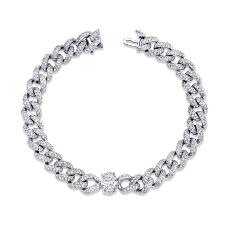 Shay WG Medium Pave Link Bracelet with Oval Solitaire 8MM 6.4ct 18k