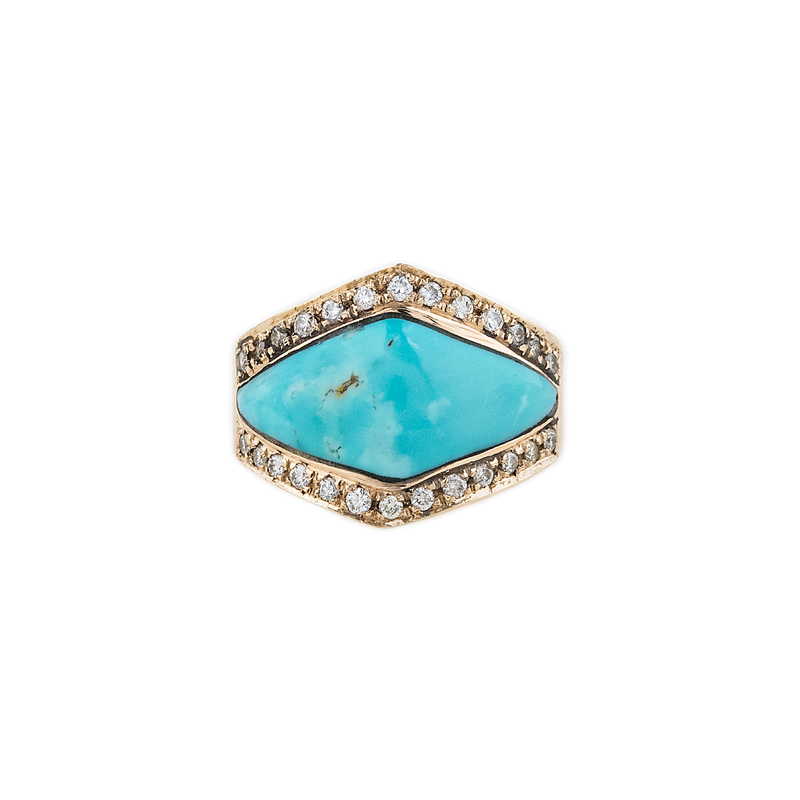 Jacquie Aiche RG Turquoise Inlay Center V Ring with Double Row Pave Diamonds (Demi-Fine 14k)
