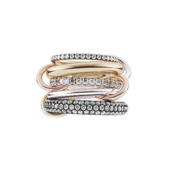 Spinelli Kilcollin YG+SS NEXUS 5 linked rings / black rhodium with grey, cognac, champagne and white diamonds 3.2cts 18k