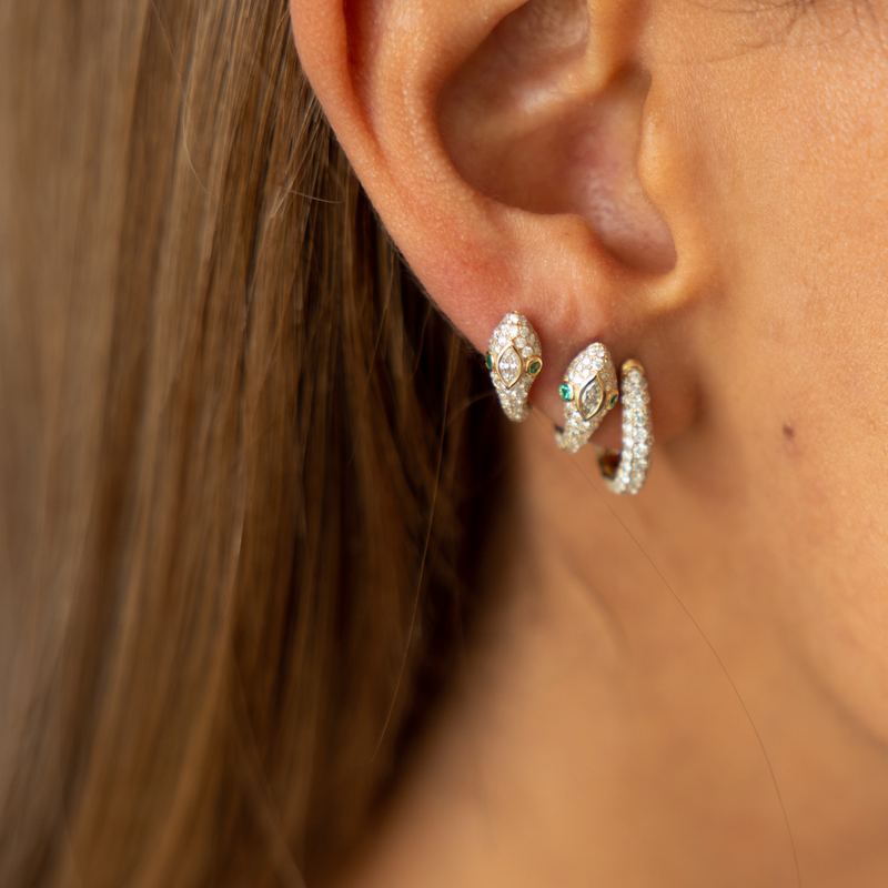 Jacquie Aiche YG Emerald Eyes Full Pave Diamond Head Snake Mini Hoop (Demi-fine 14k)
