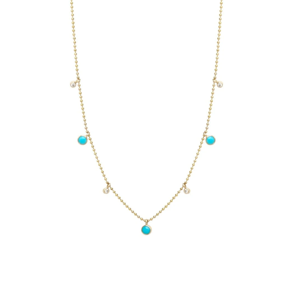 Zoe Chicco YG 7 Alternating Dangling Turquoise and Diamonds on Bead Chain Necklace 0.06ct (Demi-fine 14k)