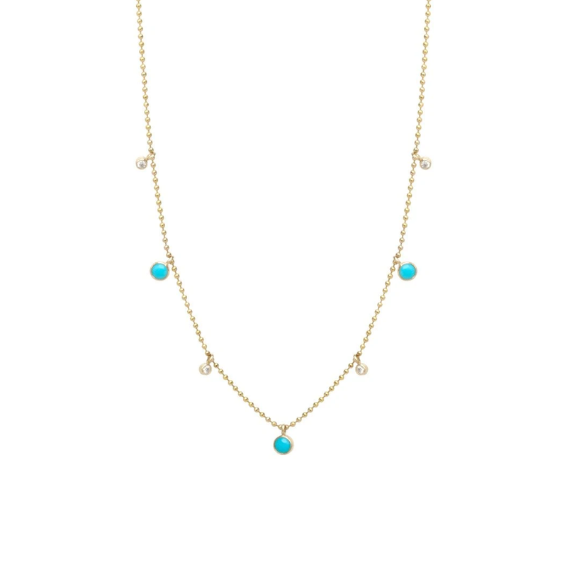 Zoe Chicco YG 7 Alternating Dangling Turquoise and Diamonds on Bead Chain Necklace 0.06ct (Demi-fine 14k)