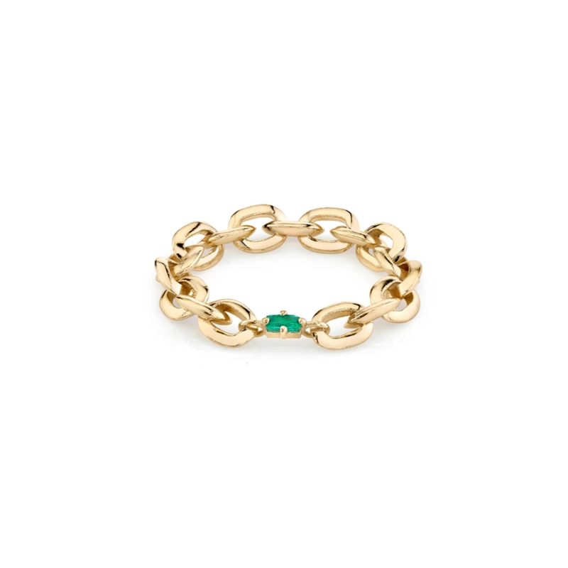 Lizzie Mandler Emerald  XS Knife Edge Oval Link Chain Ring with Baguette Center 0.06ct 18k