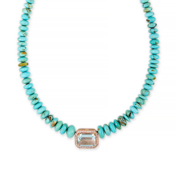 Jacquie Aiche RG Aquamarine Rectangle Pave Center on Graduated Turquoise Beaded Necklace (Demi-Fine 14k)
