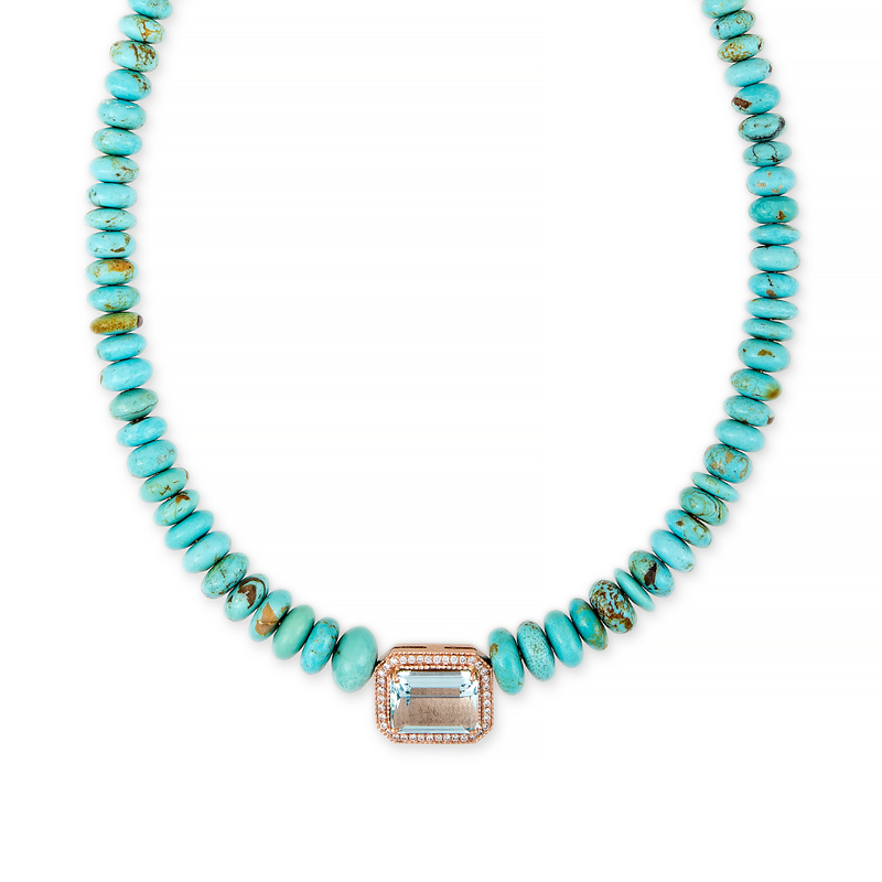 Jacquie Aiche RG Aquamarine Rectangle Pave Center on Graduated Turquoise Beaded Necklace (Demi-Fine 14k)