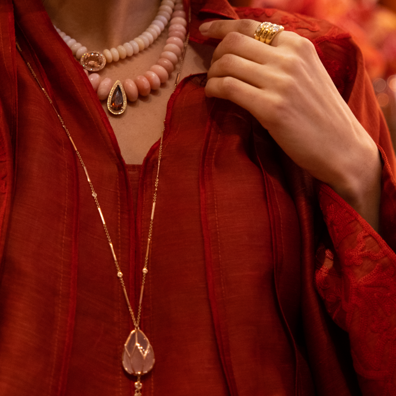 Jacquie Aiche YG Pink Tourmaline Teardrop Pave Center on Smooth Pink Opal Beaded Necklace (Demi-Fine 14k)