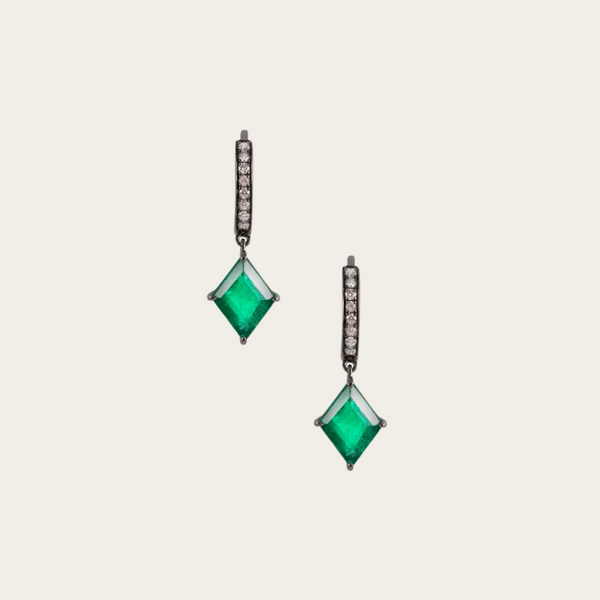Eva Fehren Emerald Rhombus Prism Hoops with pave diamonds